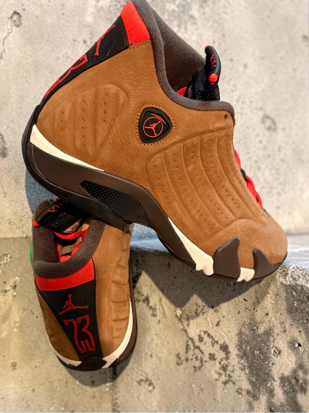 Jordan 14 Retro (Winterized Archaeo Brown) Suede Sneakers with Red Accents